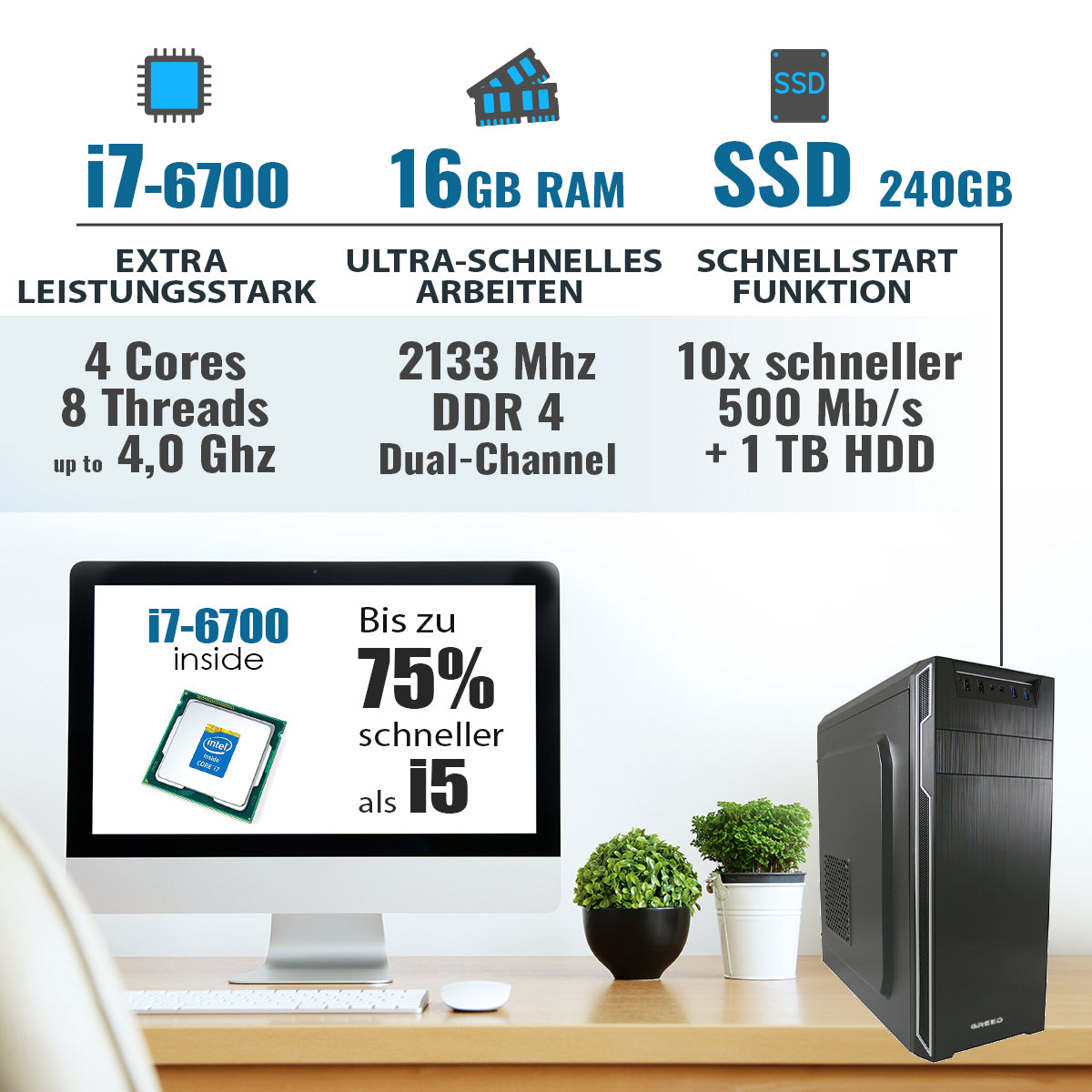 GREED® Multimedia 7 - Schneller PC mit Intel Core i7 6700 - Leiser Computer + Rechner für Büro & Home Office GREED® Multimedia 7 - Schneller PC mit Intel Core i7 6700 - Leiser Computer + Rechner für Büro & Home Office